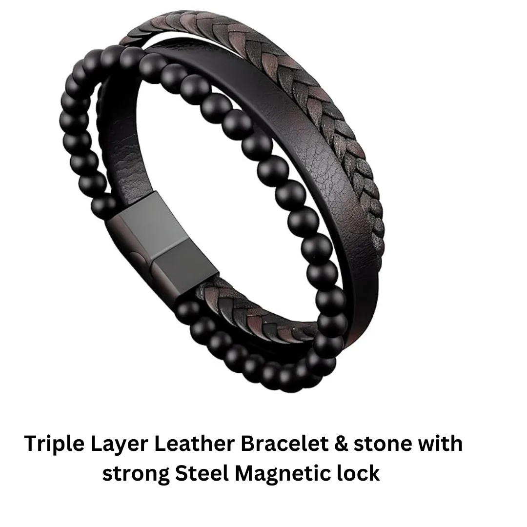 Triple Layer Leather Bracelet & stone with strong Steel Magnetic lock